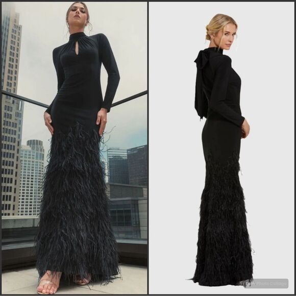 Mac Duggal Dresses & Skirts - MAC DUGGAL  11839 Black Jersey Long Sleeve High Neck Feather Gown